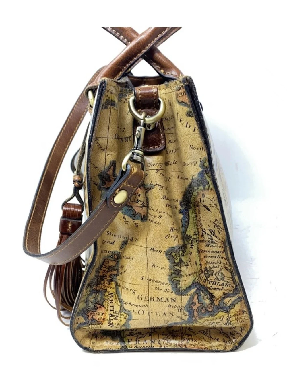 Patricia Nash Map-Print Satchel with Brown Trim and Tassels